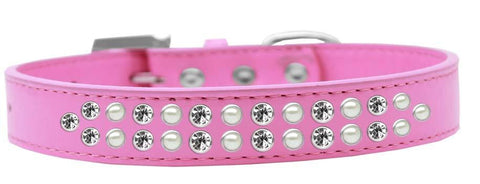 Two Row Pearl and Clear Crystal Size 12 Bright Pink Dog Collar