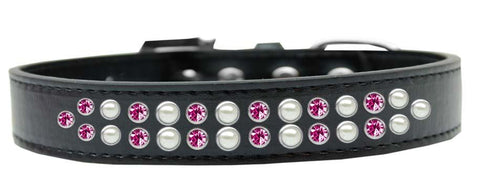 Two Row Pearl and Pink Crystal Size 12 Black Dog Collar