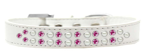 Two Row Pearl and Pink Crystal Size 12 White Dog Collar