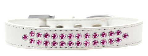 Two Row Bright Pink Crystal Size 20 White Dog Collar