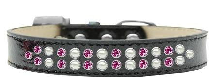 Two Row Pearl and Pink Crystal Size 14 Black Ice Cream Dog Collar