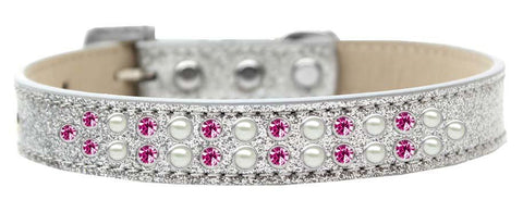 Two Row Pearl and Pink Crystal Size 16 Silver Ice Cream Dog Collar