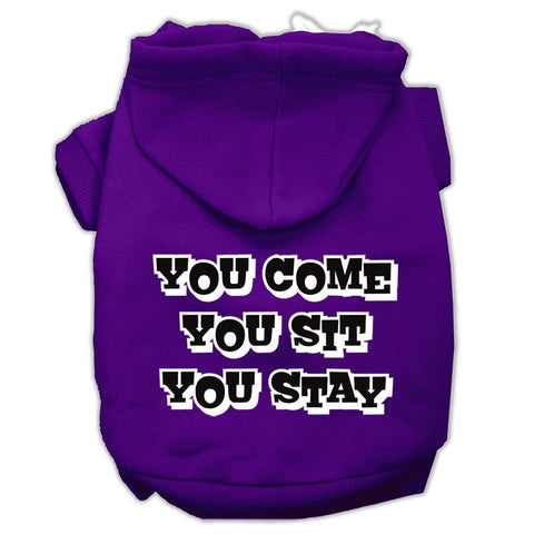 You Come, You Sit, You Stay Screen Print Pet Hoodies Purple Size XL (16)