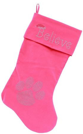 Believe Rhinestone 18 inch Velvet Christmas Stocking Pink