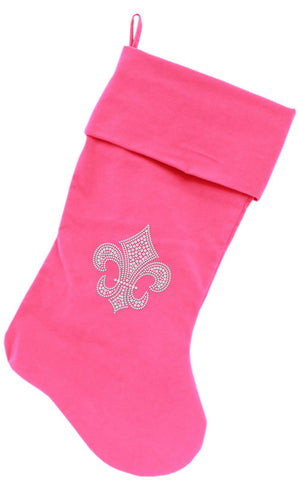 Silver Fleur De Lis Rhinestone 18 inch Velvet Christmas Stocking Pink