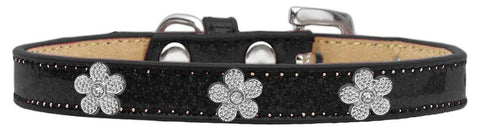 Silver Flower Widget Dog Collar Black Ice Cream Size 14