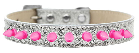 Double Crystal and Bright Pink Spikes Dog Collar Silver Ice Cream Size 18