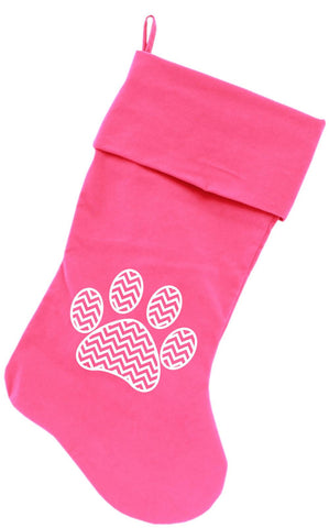 Chevron Paw Screen Print 18 inch Velvet Christmas Stocking Pink