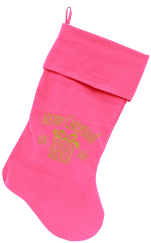 Golden Christmas Present Screen Print 18 inch Velvet Christmas Stocking Pink