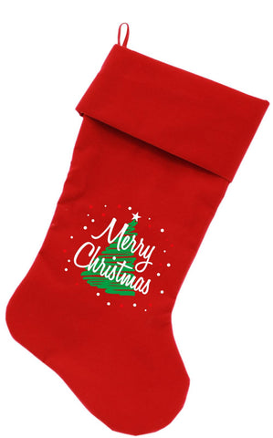 Scribbled Merry Christmas Screen Print 18 inch Velvet Christmas Stocking Red