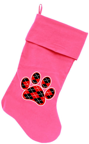 Argyle Paw Red Screen Print 18 inch Velvet Christmas Stocking Pink